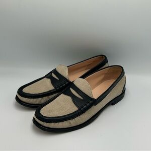 J. Crew Winona Khaki Black Leather Linen Penny Loader Shoes Size 9.5 Women’s